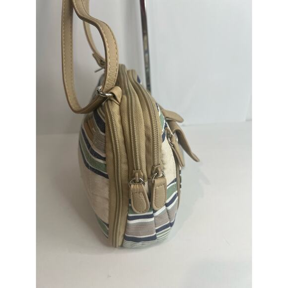MultiSac Zippy Tan Green Blue Striped Triple Compartment Crossbody Shoulder Bag - Picture 3 of 15